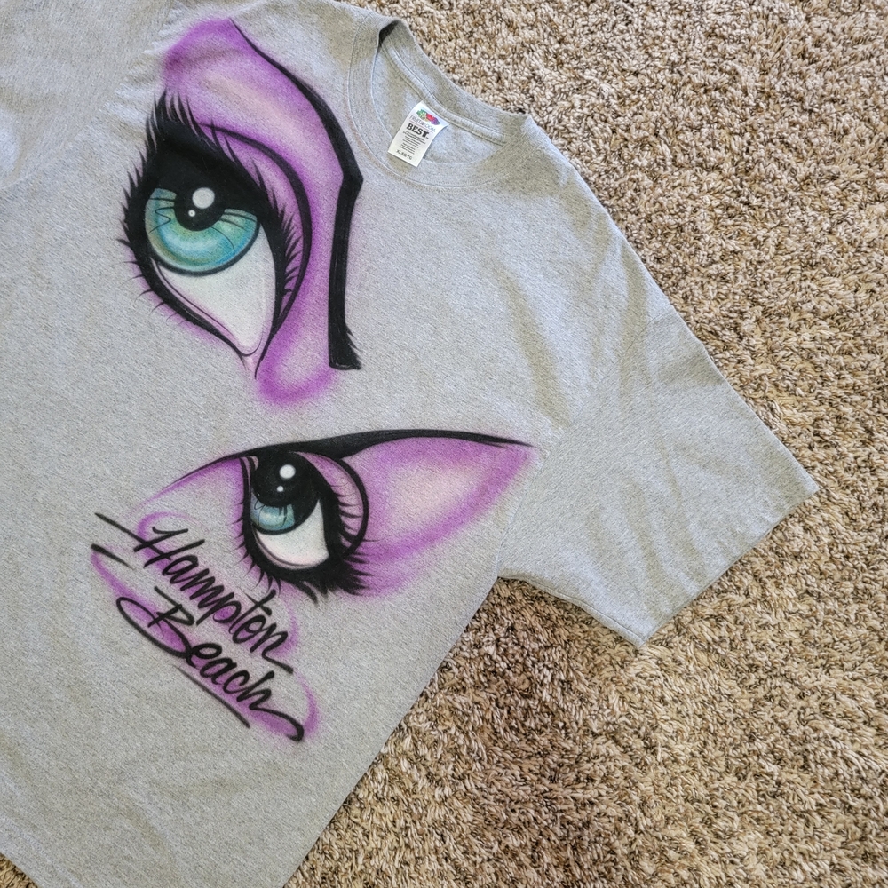 Fruit of the Loom Hampton Beach Airbrush Eye Makeup Heather Grey Gray Purple Tee - Picture 11 of 11